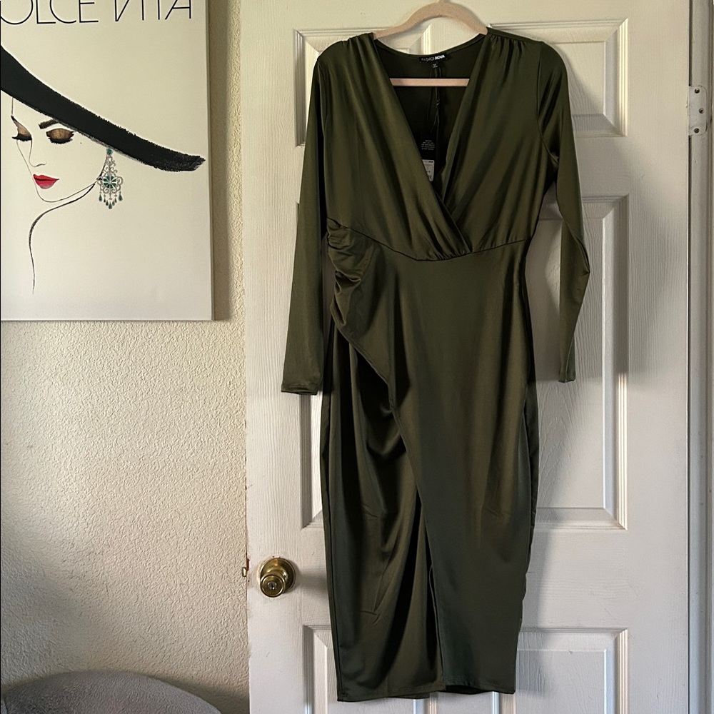 Olivia Sky Olive Green Long Sleeve Wrap Midi Dress with Ruching